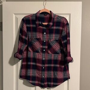 Sanctuary Plaid Button Down Shirt - Navy and Pink